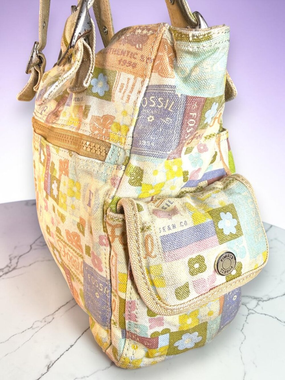 Fossil Rare Vintage Y2K "Nostalgia Grid" Multicolor Canvas Shoulder Tote Bag - Picture 7 of 16